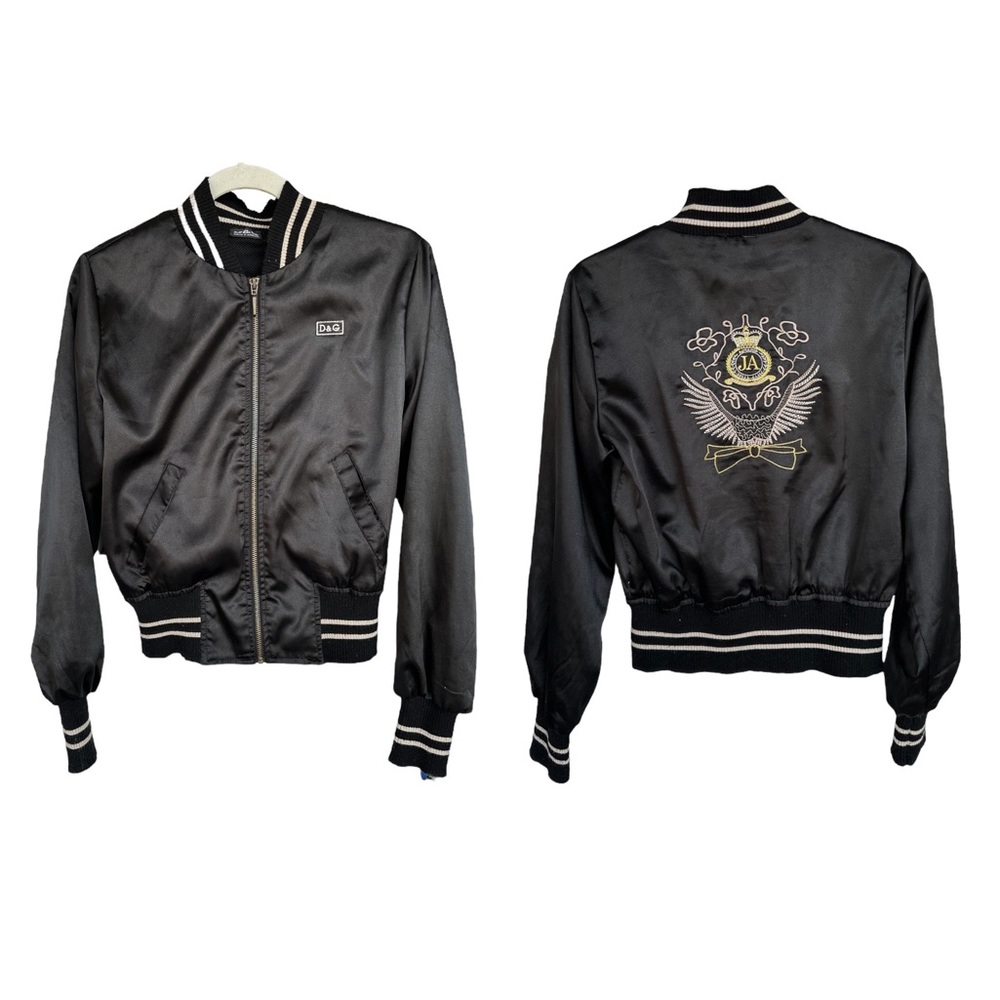 Dolce & Gabbana Vtg. Y2K black satin Bomber jacket embroidery Logo S - Picture 8 of 15